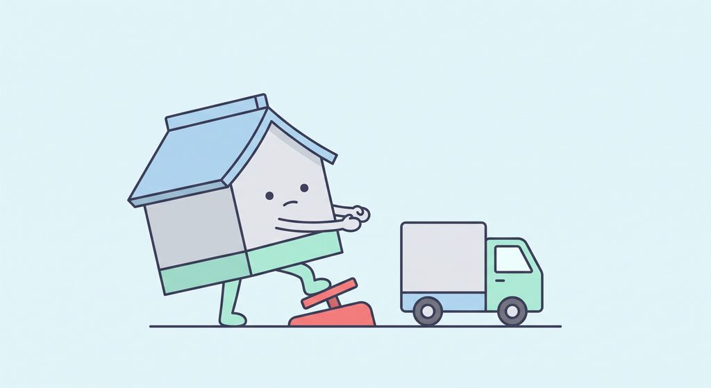 実家の片付けや不用品回収トラックの前でブレーキペダルを全力で踏み込んで立ち止まる小さなお家のイラスト
