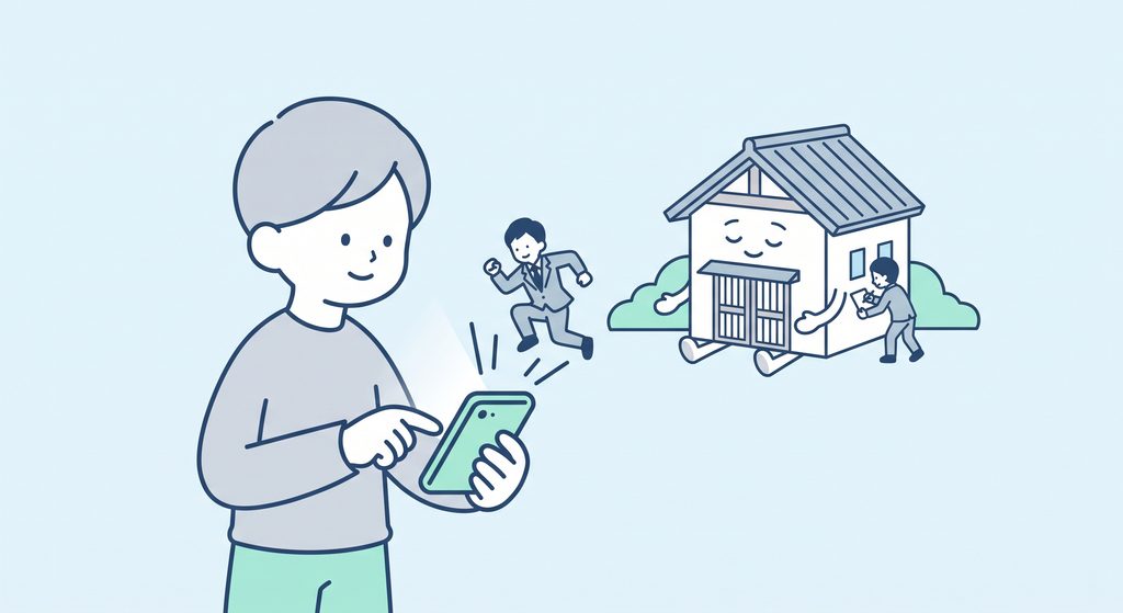 手前の人物が操作するスマートフォンから小さなスーツ姿のスタッフが飛び出し、奥にいる家屋キャラクターの点検に向かうフラットイラスト