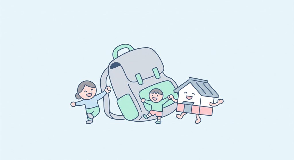 実家の片付けと売却が完了し、重い荷物（リュック）を下ろして笑顔で喜ぶ親子とお家のイラスト